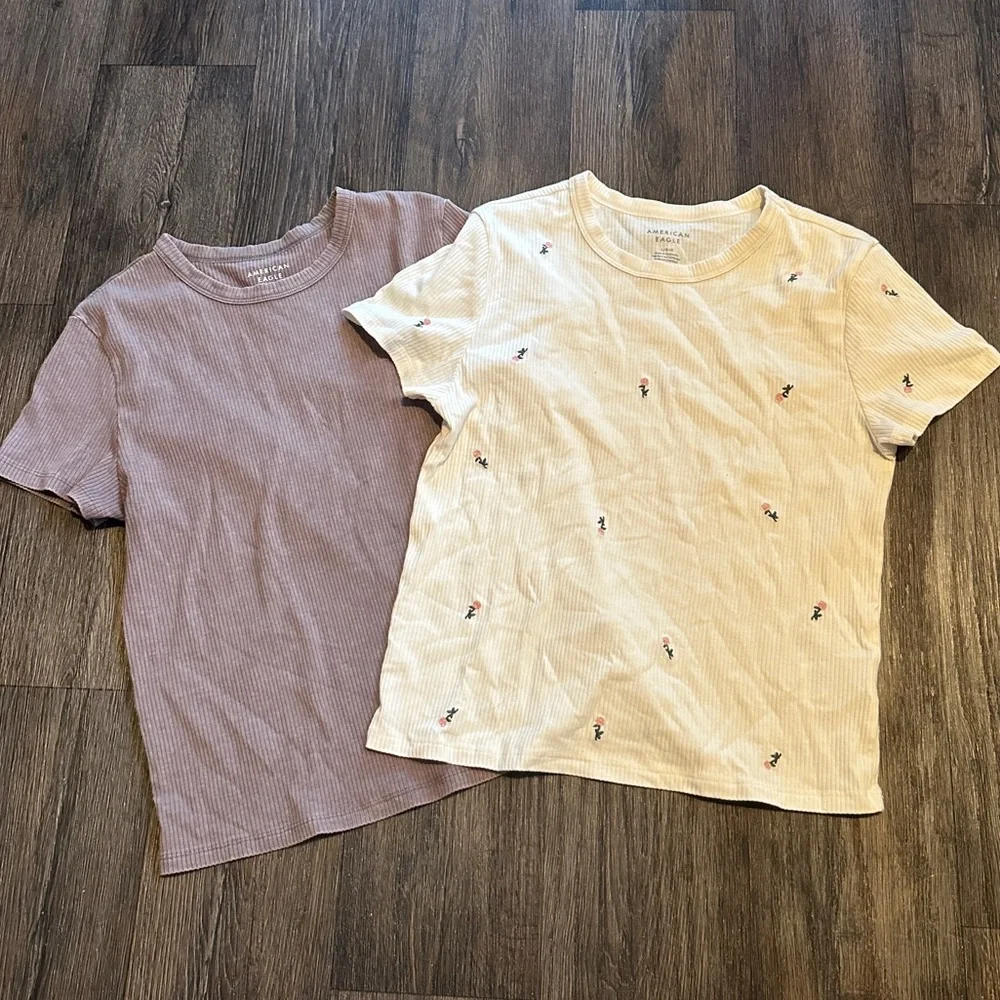 American Eagle Hey Baby Ribbed Tee Cream Crewneck Top Floral Brown Bundle - Picture 1 of 2